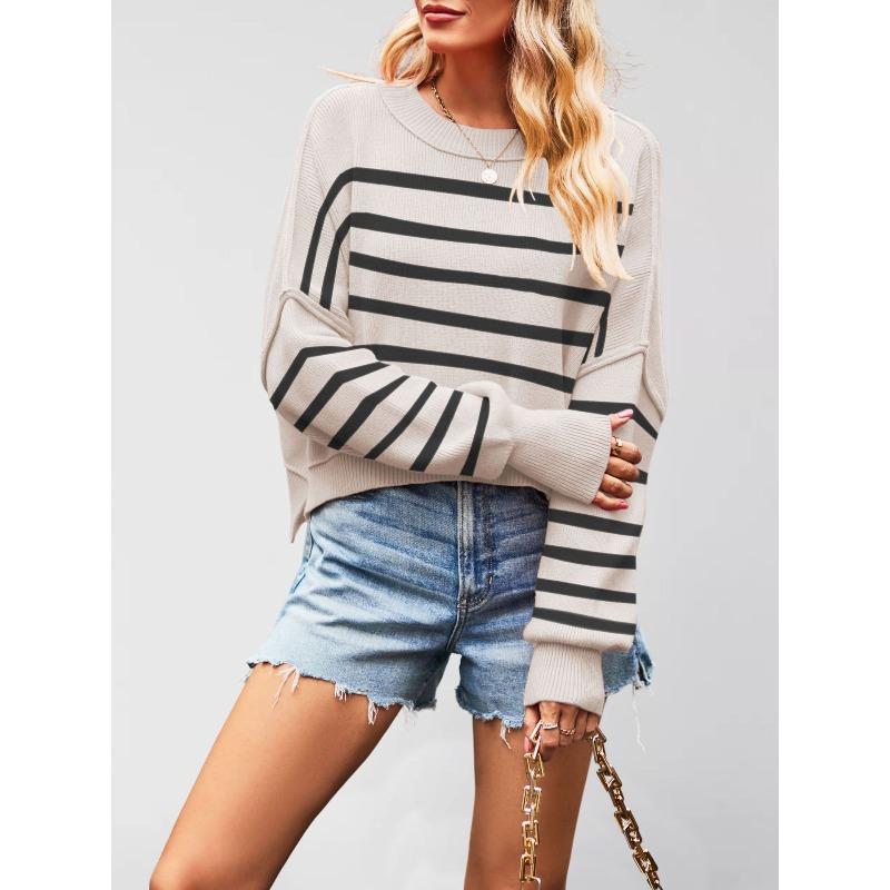 European and American New Women's Fashion Round Neck Knitted Sweater Solid Color Loose Pullover Sweater