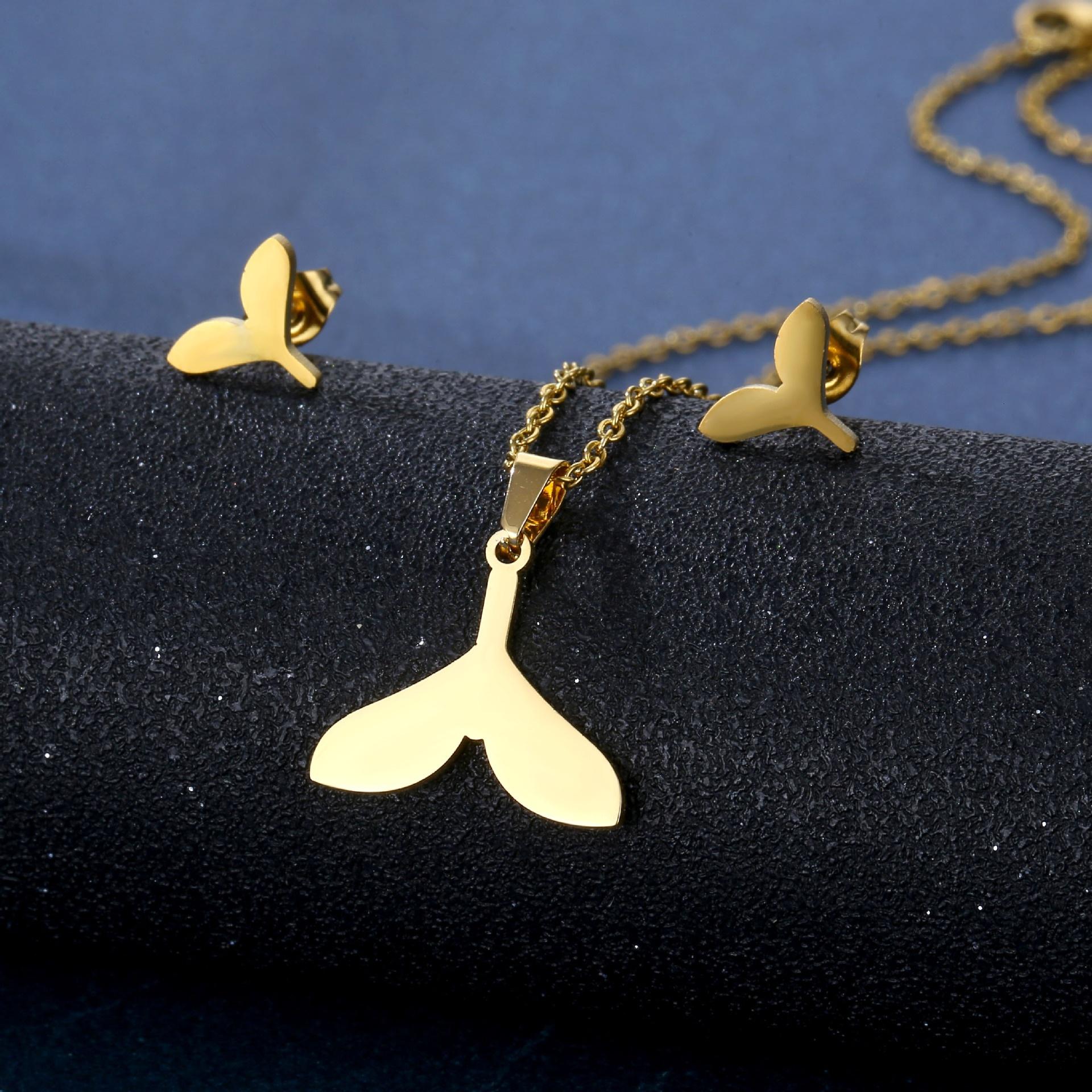 

Fashionable And Minimalist Design Gold Plated Stainless Steel Set fishtail Pendant Necklace and Earring Set