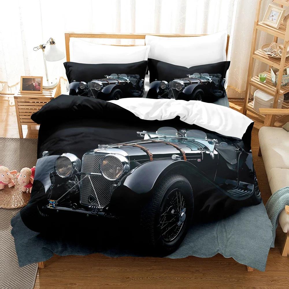 3D Vintage Car Including Duvet Cover Set With Pillowcases Microfiber 2/3Pcs Cool Sports Car Bed Comforter Set For King Bedding