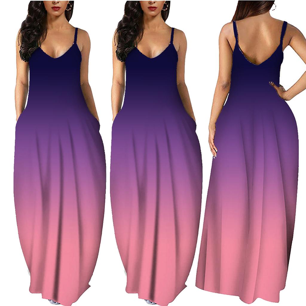 Women Gradient Sleeveless V Neck Maxi Dress Casual Sundress Beach Long Dres