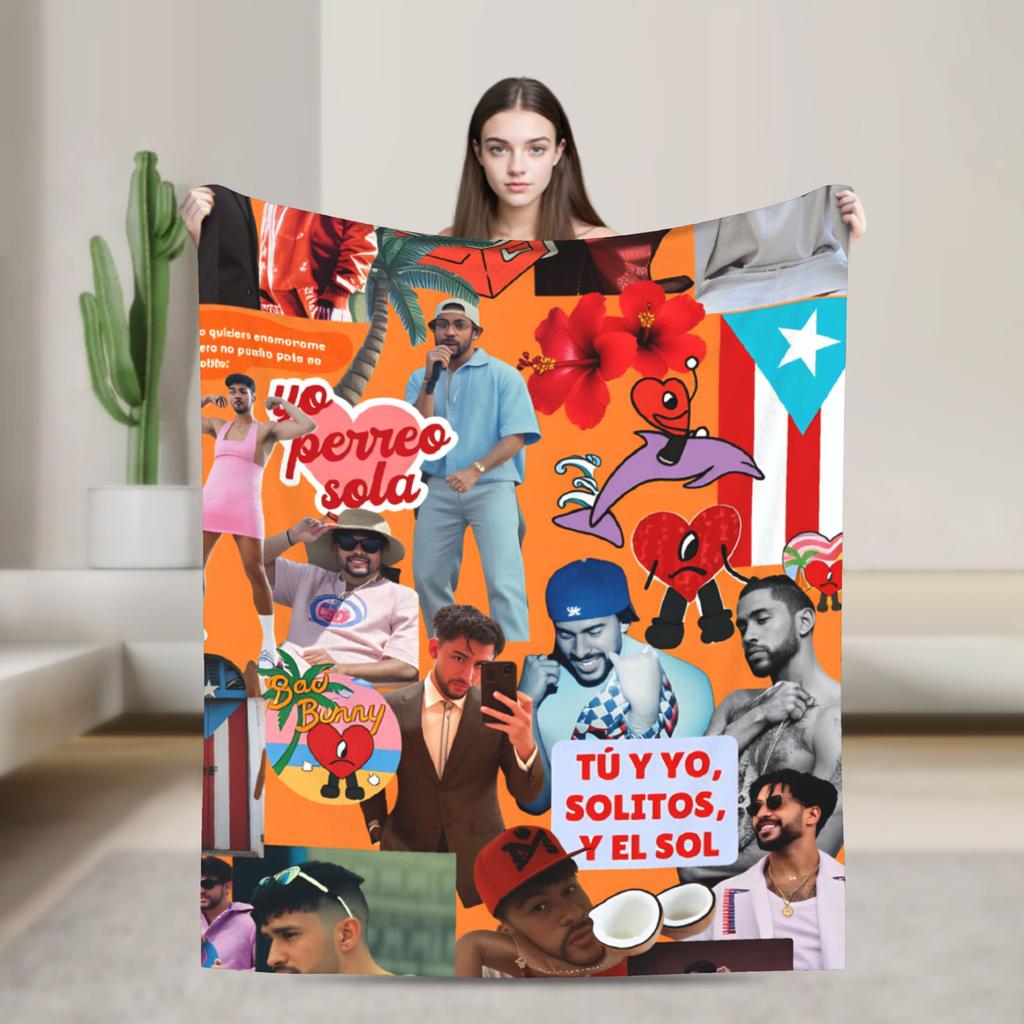 Zanger Bads Bunnys Deken Kwaliteit Warm Beddengoed Plaids Winter Picknick Buiten Grappig Sprei