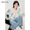 Korean Style Autumn Winter Women Sweater O Neck Contrast Color Floral Knitting Cardigan Knitted Long Sleeve Elegant Soft Outerwear