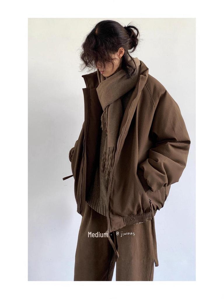 Unisex Neutral Maillard Coffee Stripe Cotton Puffer Jacket