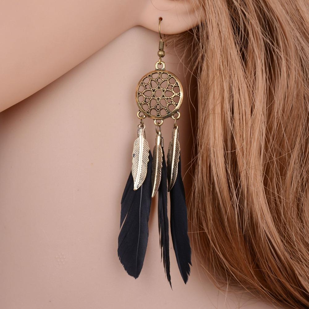 Hollow Vintage Leaf Feather Drop Earrings Bohemian Feathers Long Design Hollow Metal Earrings Ladies Zircon