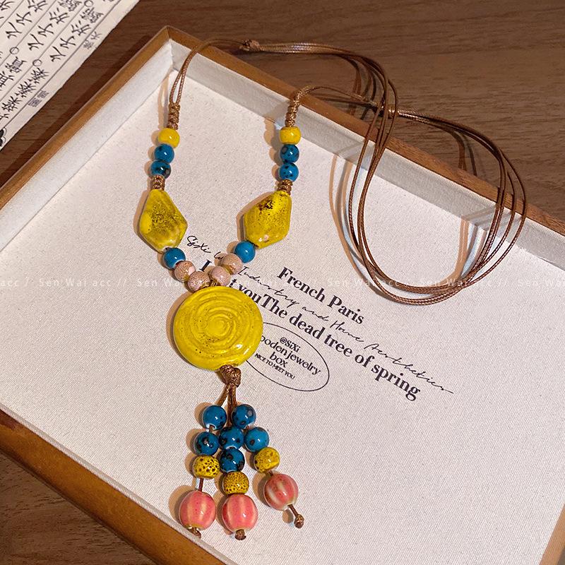 New Chinese Ethnic Style Colored Ceramic Beaded Necklace Women's Literary Weaving Long Sweater Chain Accessories
