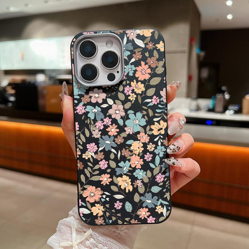Little Fresh Flower Print Leather Texture Phone Case For iPhone 16 Pro Max 15 Plus 14 Pro 13 12 11 Matte Slim Shockproof TPU Soft Bumper Cover