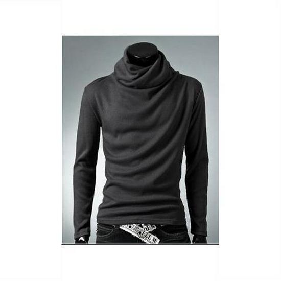 Men's Slim Fit Turtleneck Long Sleeve Shirt - Solid Color, Trendy Loose Pile Collar for Spring & Autumn