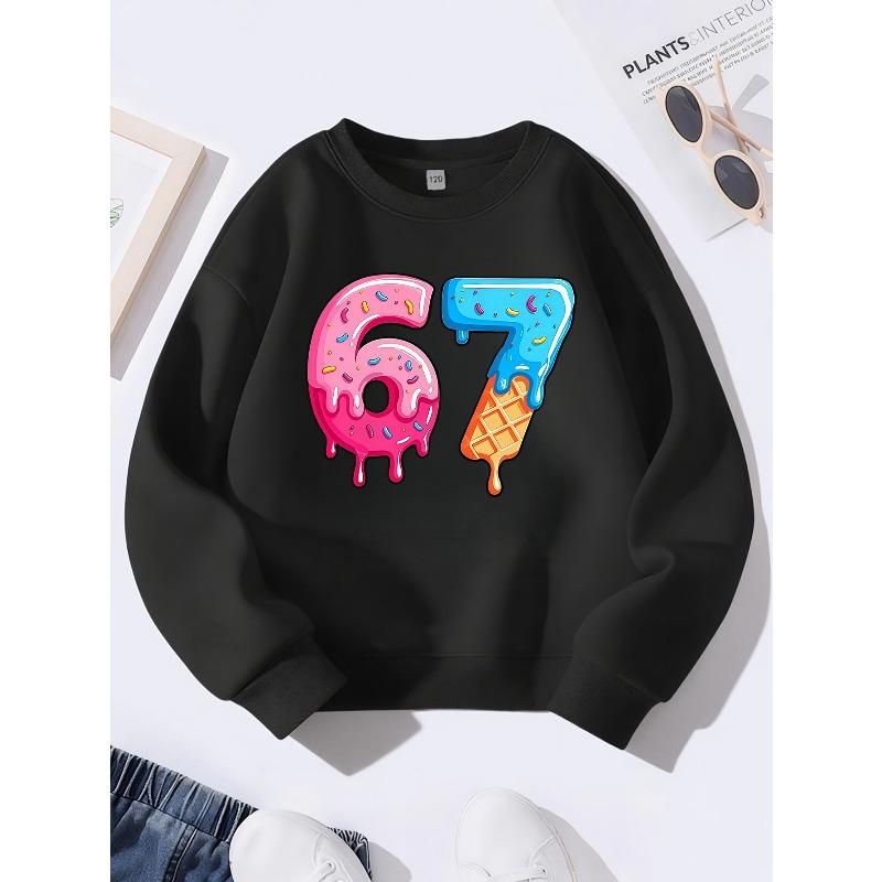Unisex Kids Sweatshirt, Donut Ice Cream Drip Number 67 Print Long Sleeve Pullover, Boys Girls Cute Sweet Birthday Sweatshirt For Kids Over 4 Years Old
