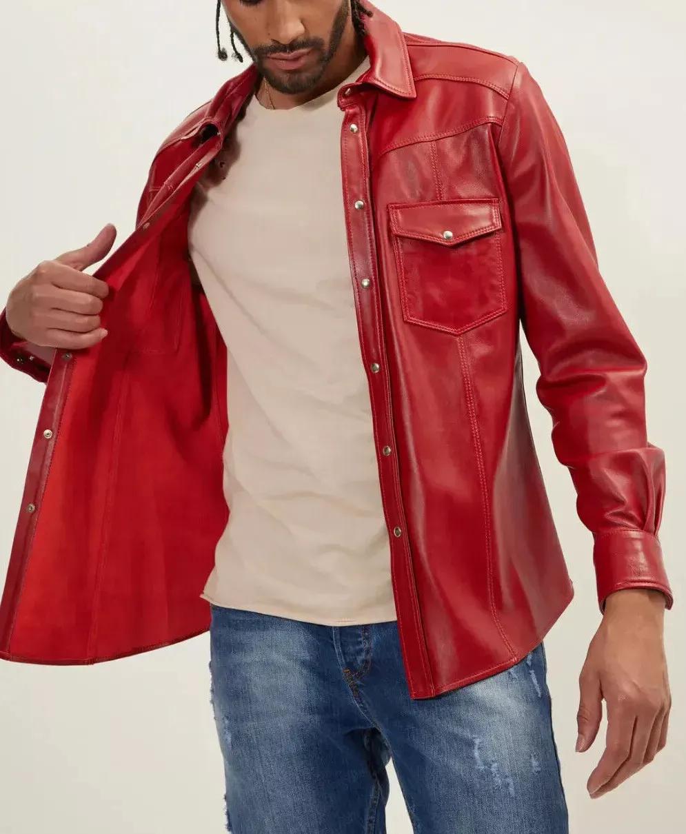 

Красная стильная официальная мужская рубашка из натуральной кожи ягненка, повседневная классика ручной работы 3XL красный