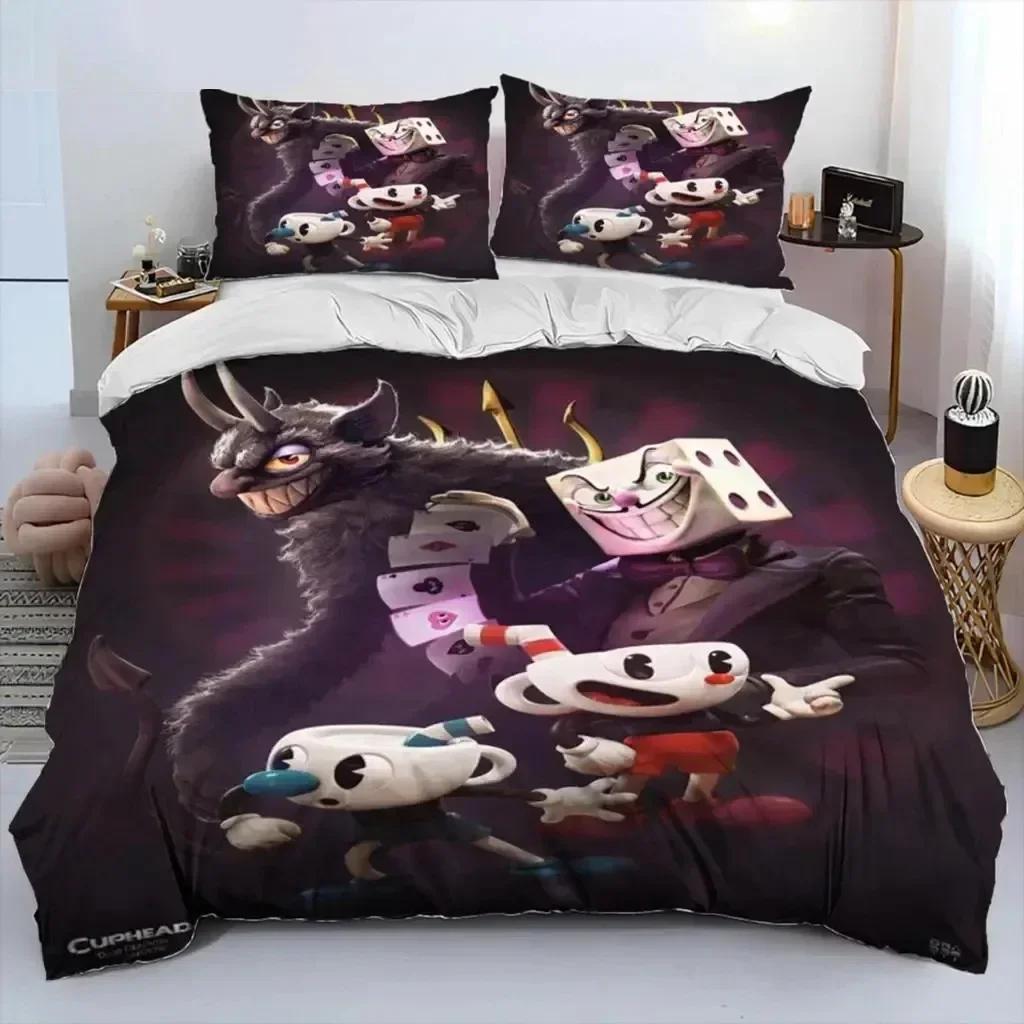 Cartoon Cuphead And Mugman Bedding Set Duvet Cover Sheet Printed Bed Set Pillowcase Bed Full Queen King Size Comforter Bedroom