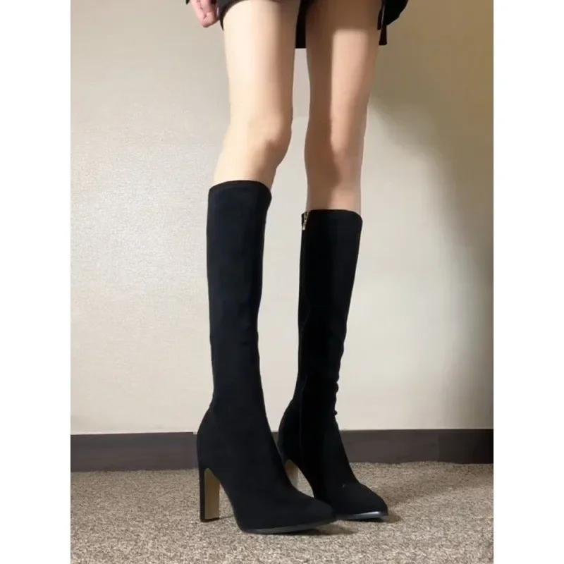Телесные туфли на высоком каблуке высокие сапоги женские осенне-зимние новые эластичные облегающие сапоги с острым носком и толстым каблуком сапоги-чулки выше колена 39 5136₽
