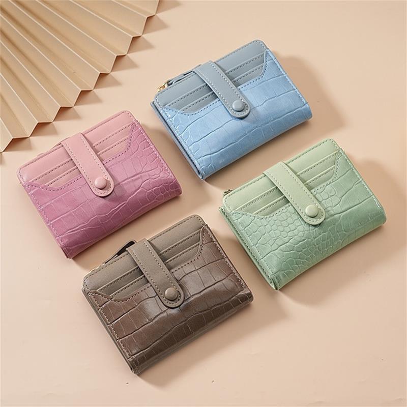 Multi-Card Slots Women Short Wallet  Pu Leather Solid Color Zipper Clutch Crocodile Print Waterproof Card Bag Coin Purse