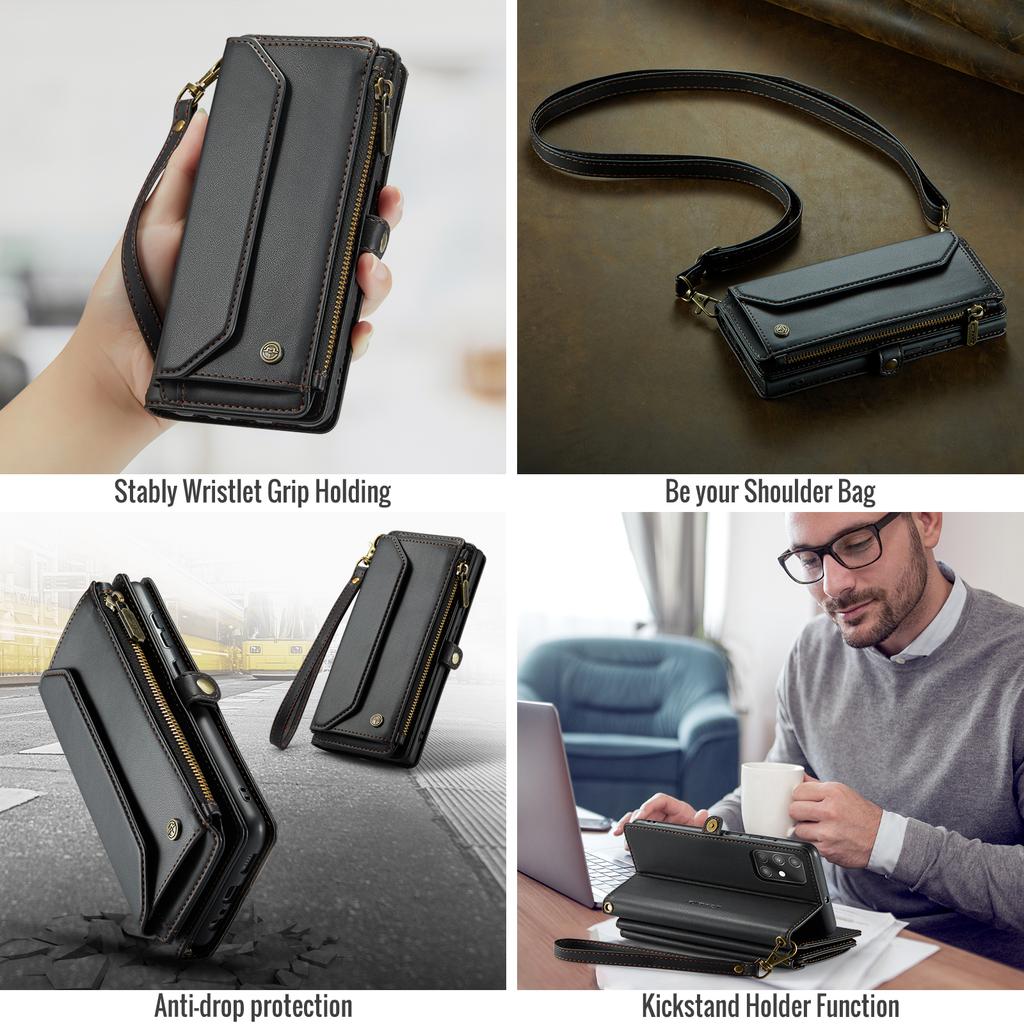 Pour Samsung Galaxy Série A12 A13 A71 S20 S21 S22 S23 S24 S25 Z Fold3 Z Fold4 Z Fold5 Z Fold6 Sac Téléphone Bandoulière Multifonctionnel en Cuir PU