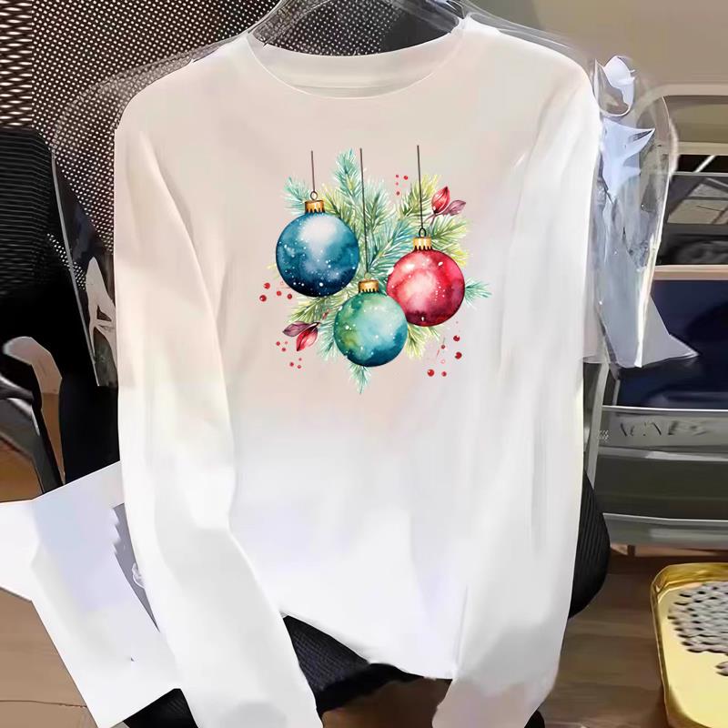 (Asian Size) Graphic Tee Women Merry Christmas Letter 90s New Year Print Casual Fashion Top O-neck Clothing T Shirt Long Sleeve T-shirts