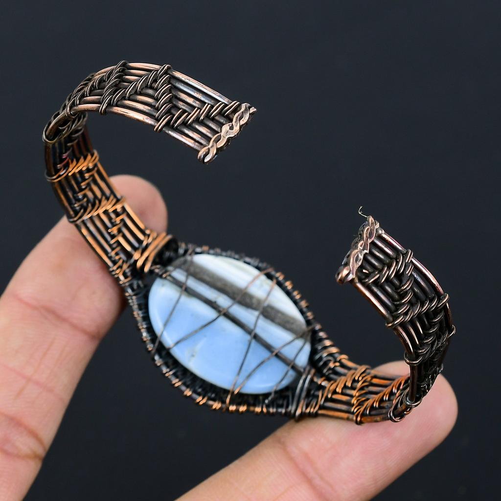 Brățară reglabilă din sârmă de cupru lucrată manual, cu opal natural Owhyee, m3Z02, cu pietre prețioase