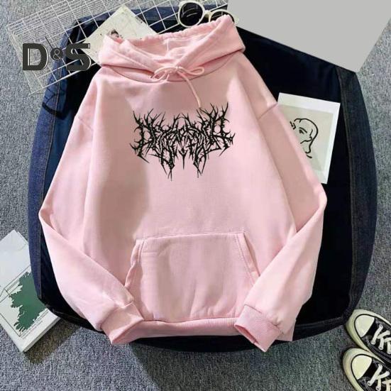 Fall Winter Unisex Hoodie Drawstring Elastic Cuff Thorn Print Thick Fleece Patch Pocket Loose Long Sleeves Pullover Warm Top