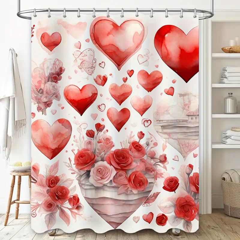 Romantic Red Heart & Rose Shower Curtain - Waterproof, Mildew-Resistant, Machine Washable For Valentine'S Day Bathroom Decor