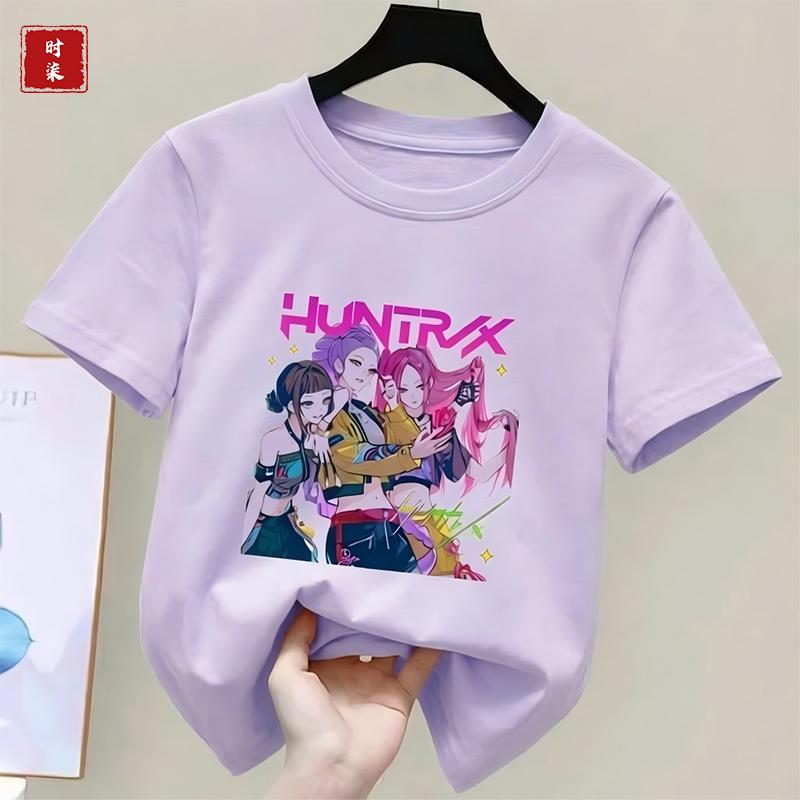 Childrens Kpop Demon Hunter Tshirt girls shortsleeved Tshirt childrens Saja Tshirt childrens casual clothing