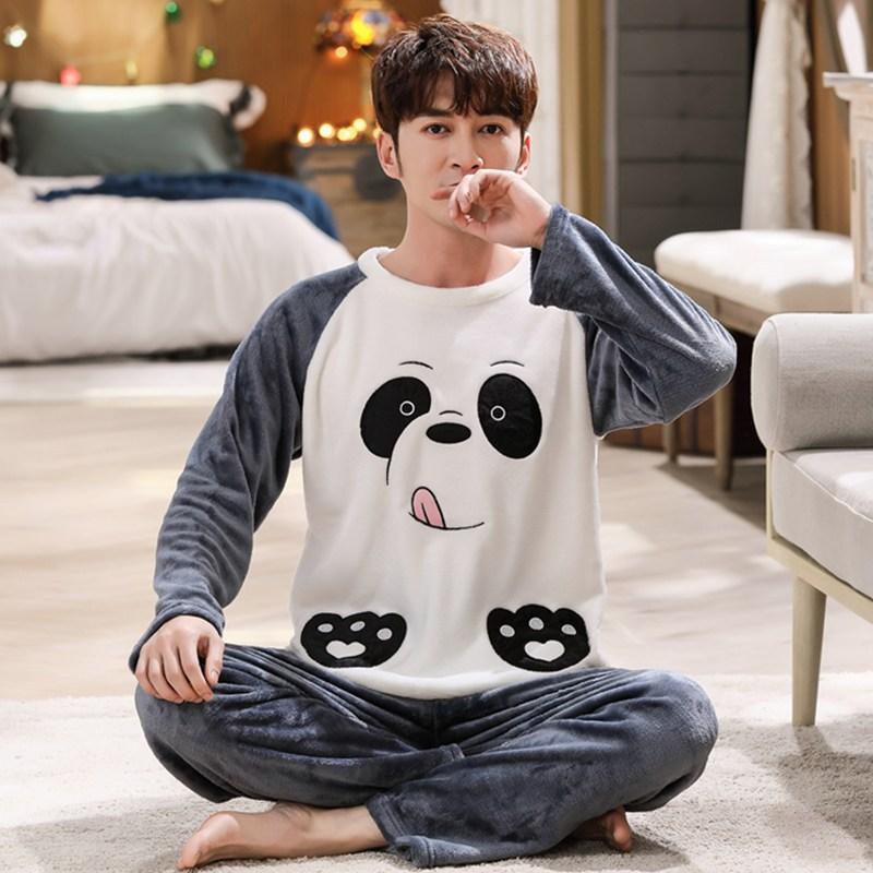 2pcs/Set Fall and Winter Facecloth Men's Pajamas Padded Thickened Warm Long-Sleeved Teenagers Coral Fleece Homewear Boy Clothes