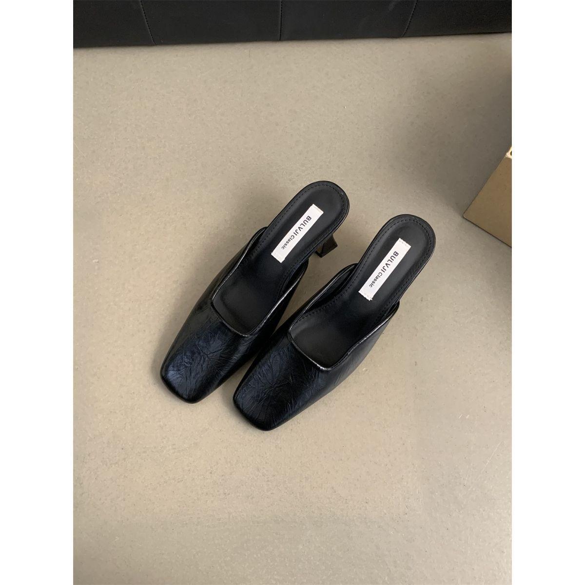 

Women s bag head half slippers women wear new French fairy temperament thick heel sandals high heels muller shoes in spring and summer 39 чёрный