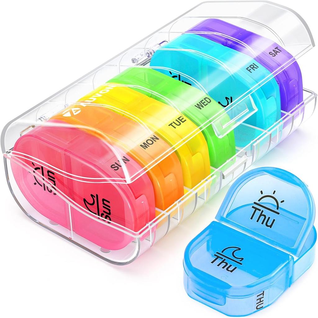 Pill Box 2 Times a Day, 7-Color for Easy Tracking, Dual Protection