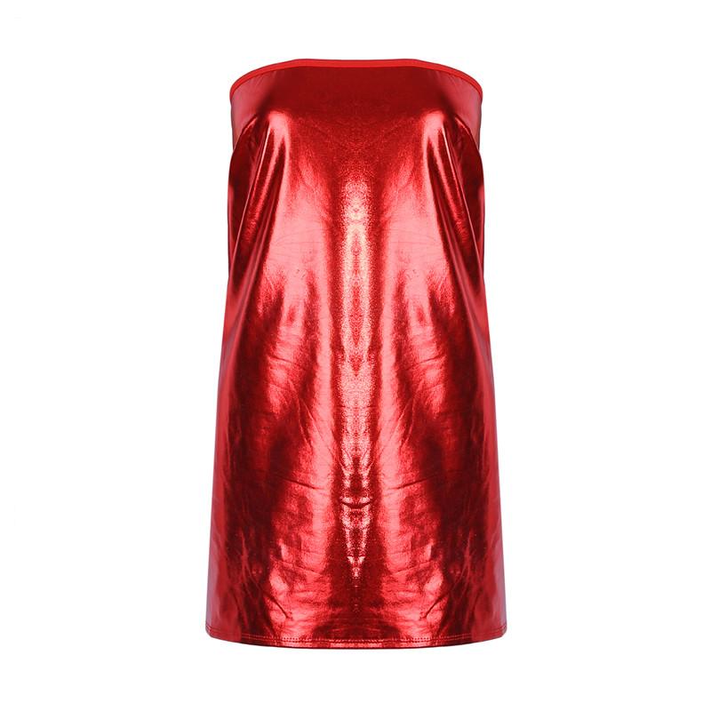 Seksowny Błyszczący PU Skórzany Gorset Body Sukienka Krótka Bez Rękawów Mini Spódniczka