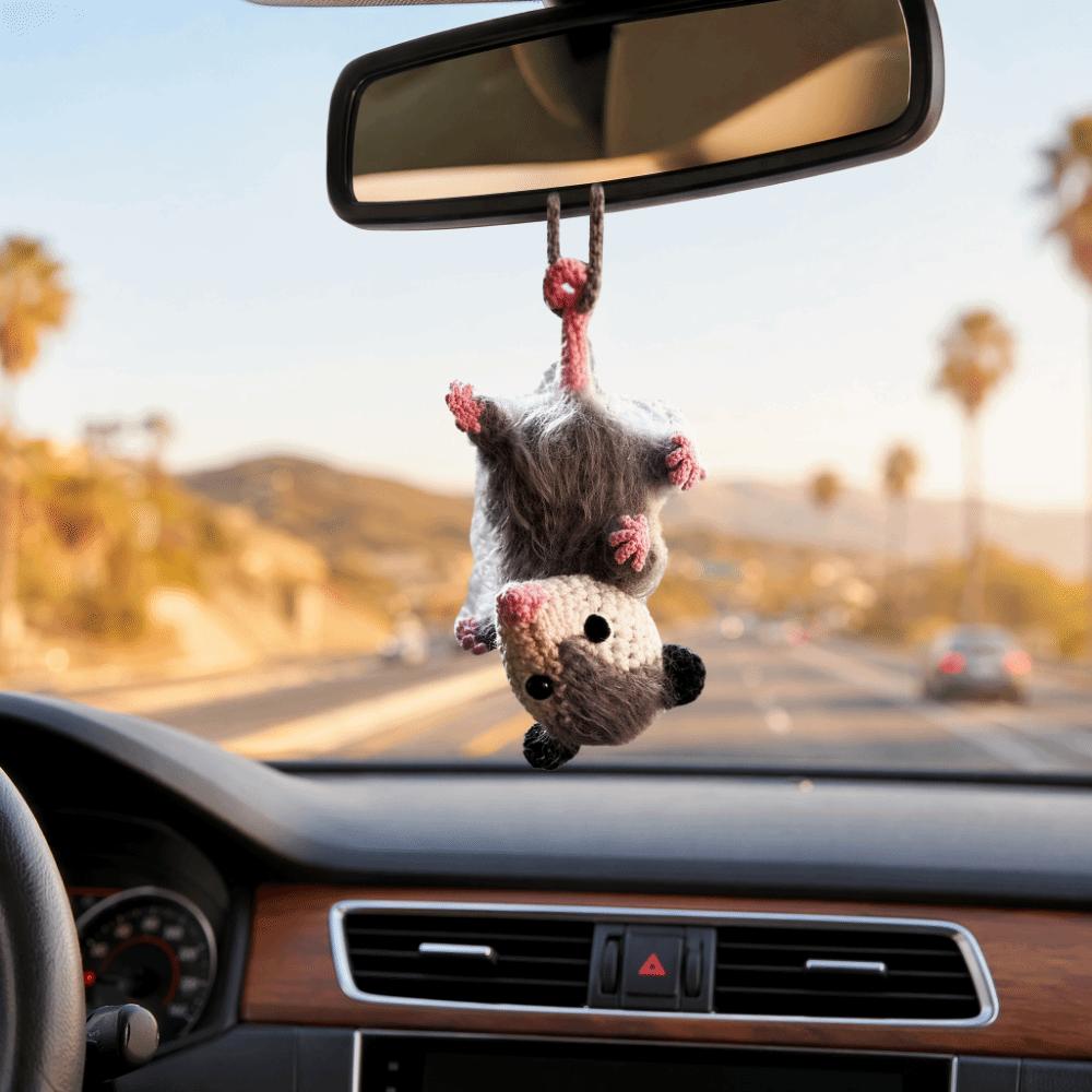 Crochet Rearview Mirror Accessory Handmade Knitted Screaming Possum Ornament  For Car Interior