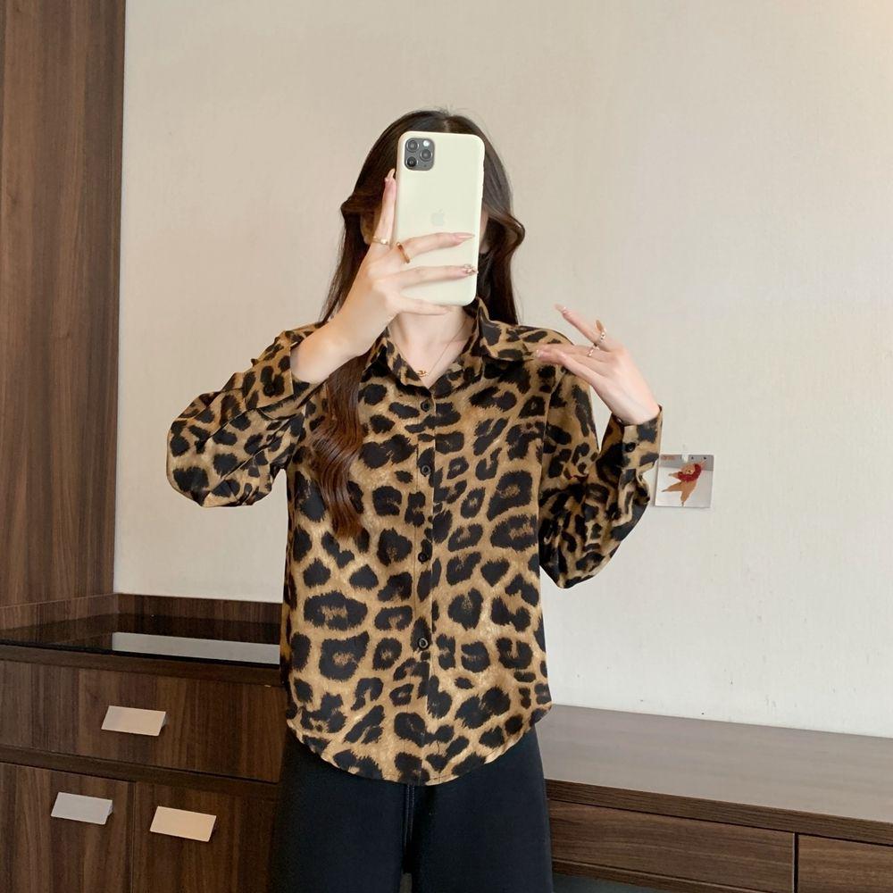 Damen Retro Leopardenmuster Langarm Revershemd