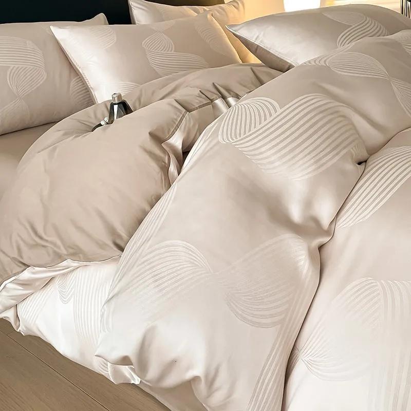Light Luxury Satin Jacquard Solid Fitted Sheet Sets Pure Cotton Skin-Friendly Soft Quilt Cover 1.5/1.8M Bed Bedding for Adults
