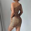 Women's Spring Autumn New Sexy Sequin One Shoulder Mini Dress Long Sleeve Ruched Bodycon Slim Fit Elegant Evening Party Night Club Cocktail Dress