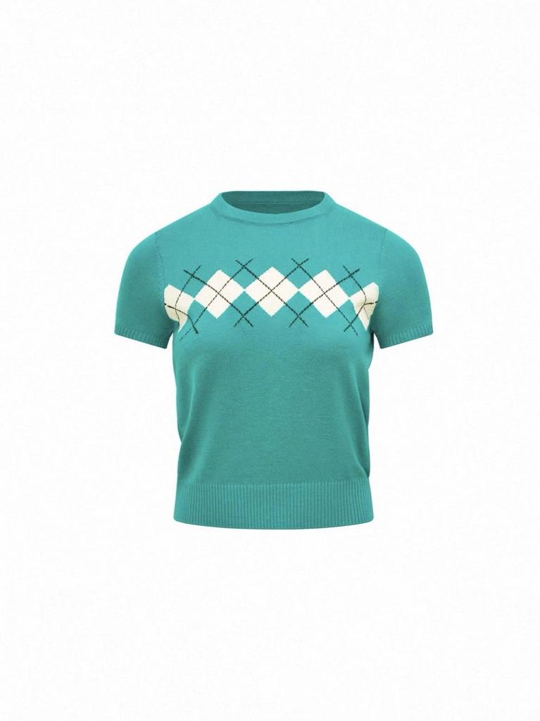 Diamond Pattern Color-Block Short-Sleeve Knit Sweater