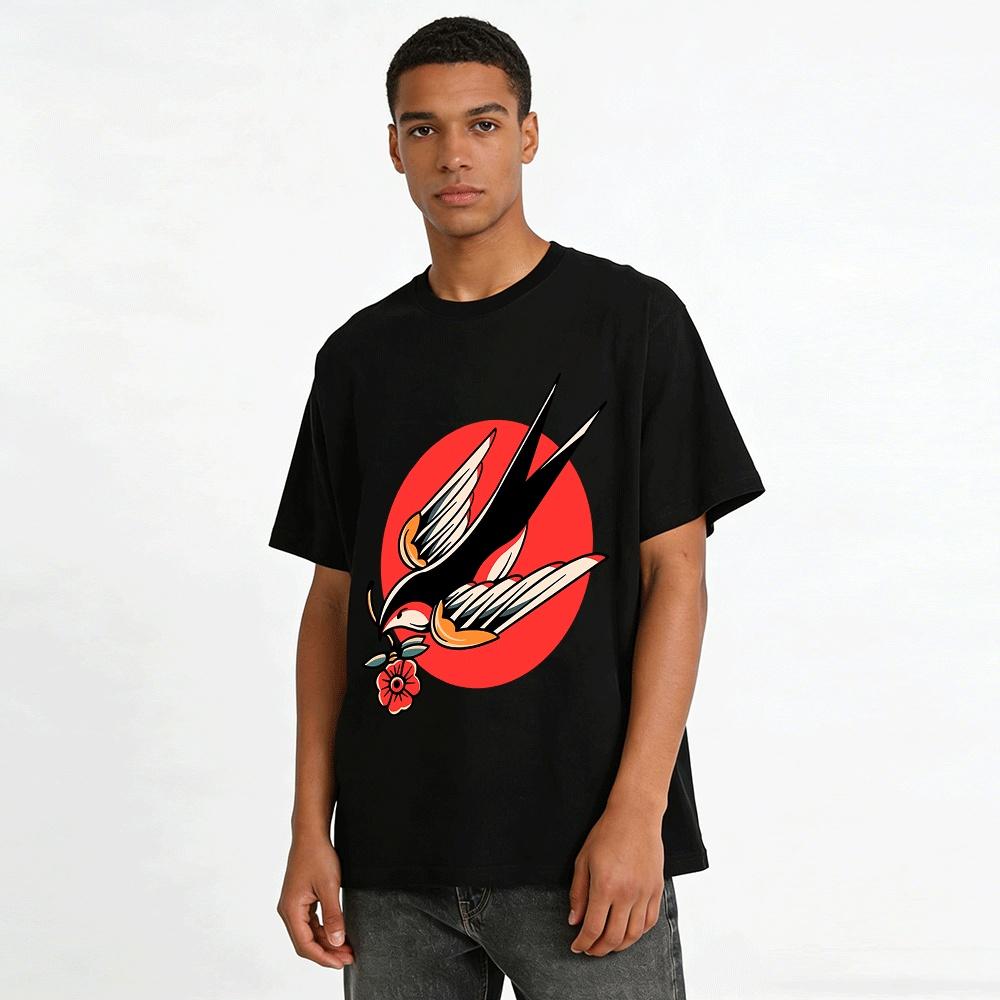American Traditional Swallow Holding Flower Graphic Casual Tee Pure Cotton T-shirt