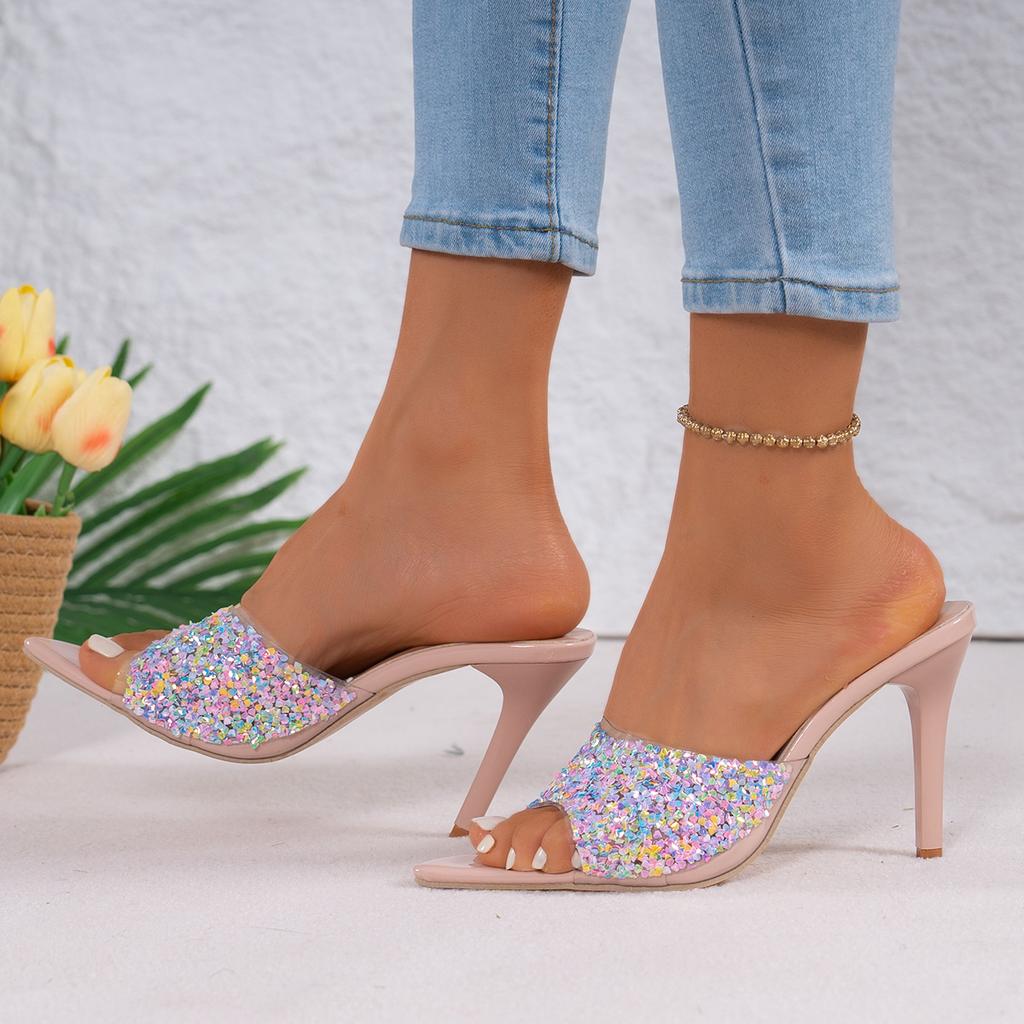 Fashion Summer Women Sandals Pointed Toe High Heels Shoes Women Fashion Crystal Heel Sandals Woman Shiny Sequins Banquet Party Shoes