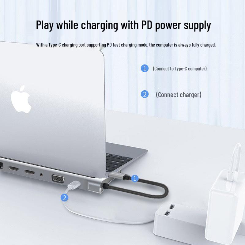 Twelve-in-One Dual HDMI Docking Station with Gigabit Ethernet and Multifunctional Laptop Stand