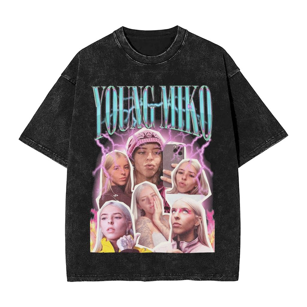 Young Miko Vintage Retro Washed T Shirt Streetwear Hip Hop Vintage T-Shirts Tees for Men Women 100% Cotton Oversize Graphic