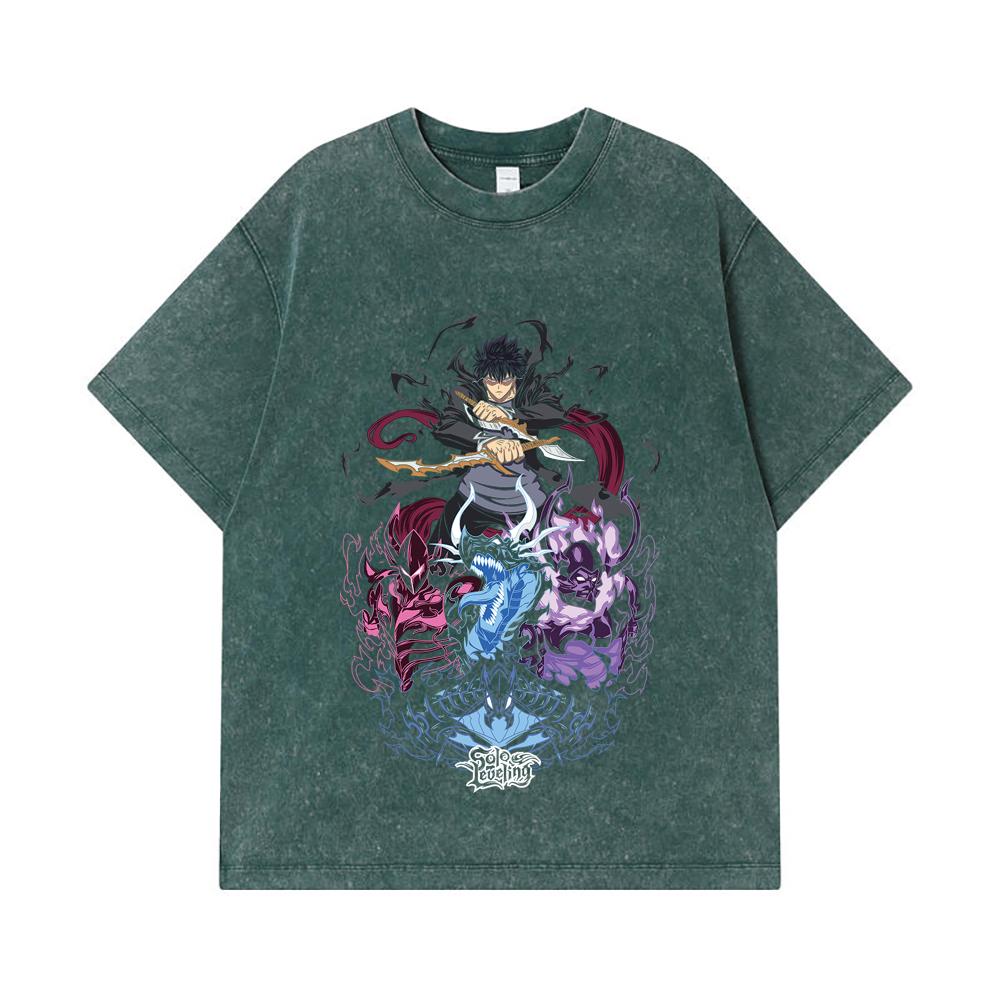 275 GSM Washed T-shirts 100% Cotton Solo Leveling V15 Print Unisex Heavy Cotton T Shirt