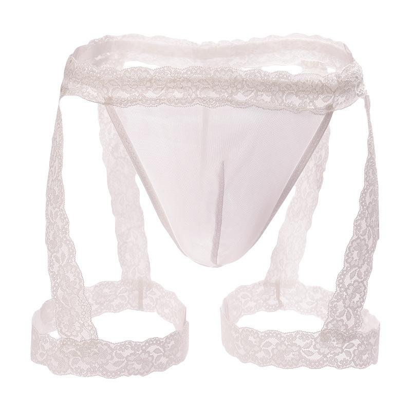 Mens Sexy Panties Lingerie Sissy Underwear Lace Skirted Thong with Garter Belt Briefs Bulge Pouch T Back for Gay Mens G Strings