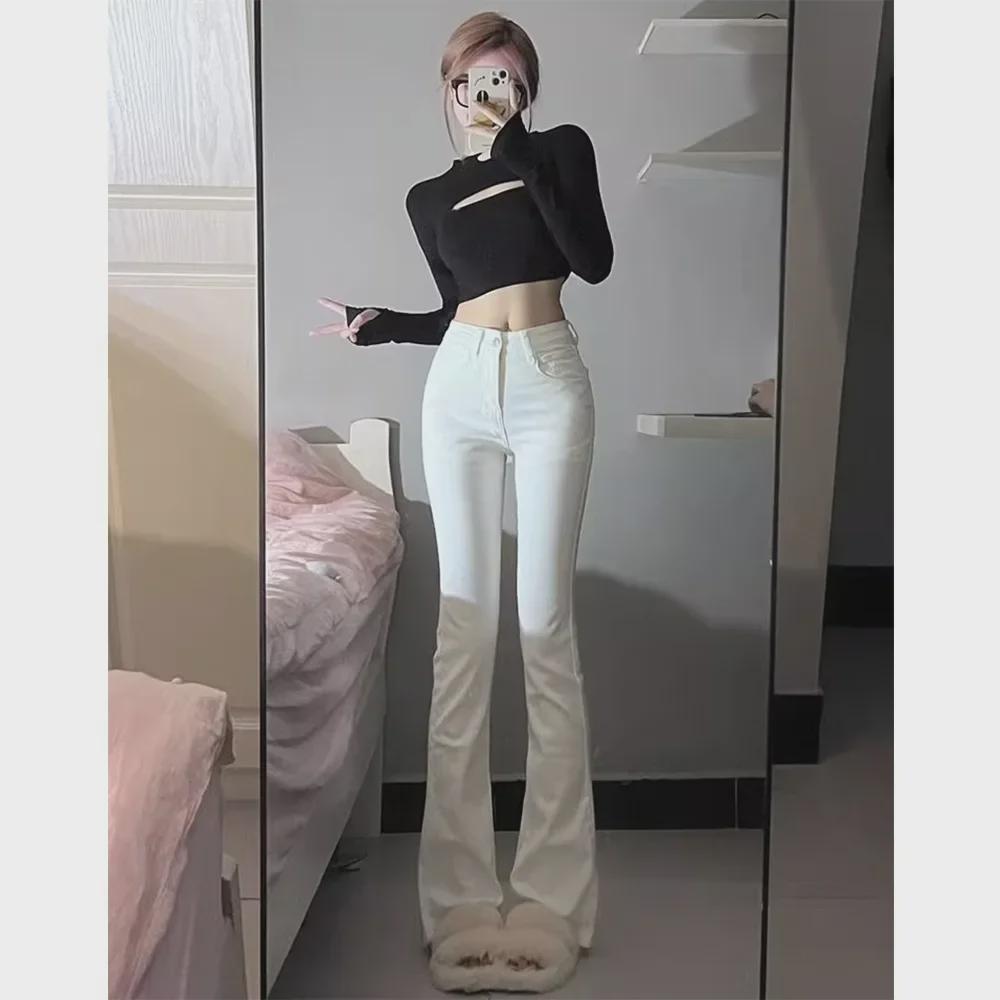 

Женские белые расклешенные джинсы с высокой талией 2024 года — брюки до пола больших размеров L белый