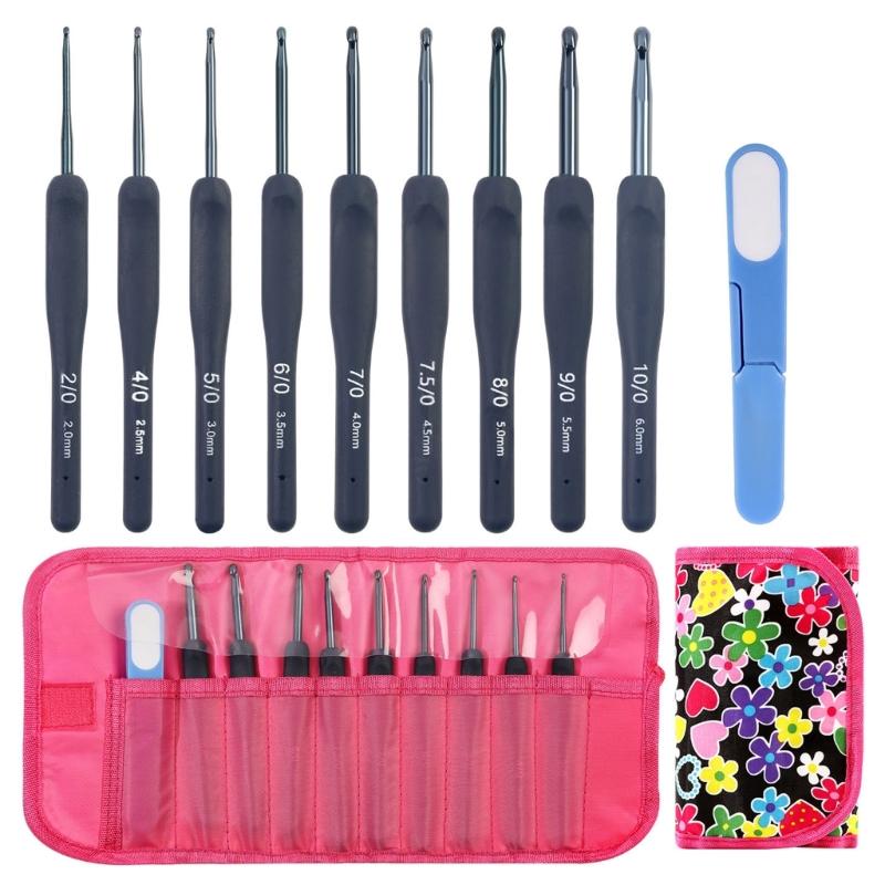 

9 шт. Эргономичный крючок для вязания с чехлом для хранения и ножницами 2,0 мм-6,0 мм Алюминиевая вязальная спица для начинающих