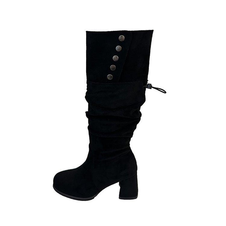 Suede Vintage Two Wear Fold High Heel Pile Boots Long Boots Thick Heel Brown Maillard Western Knight Boots