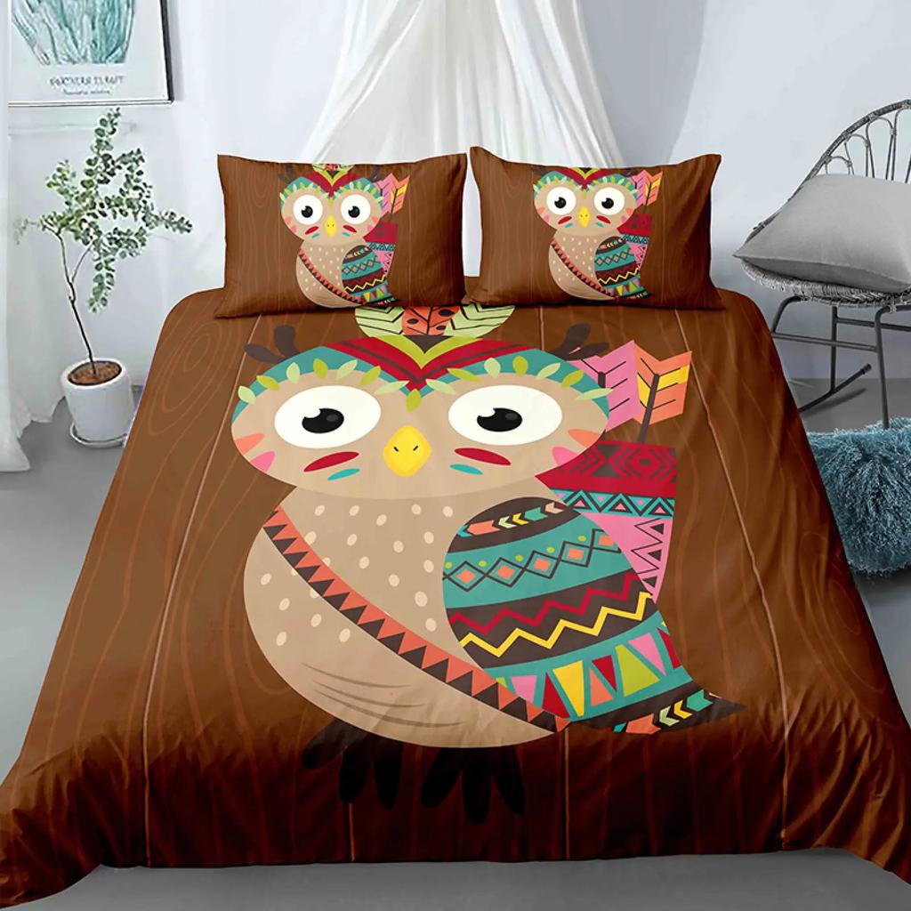 Owl King Queen Duvet Cover Adorable Funny Cartoon Animal Bedding Set for Kids Boy Colorful Wildlife 2/3pcs Polyester Quilt Cover