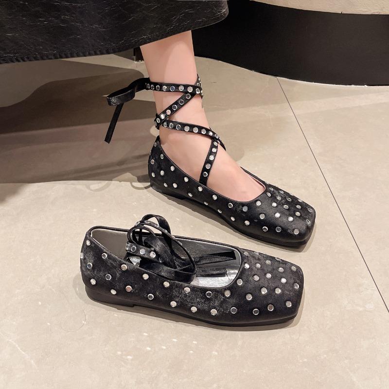 Ballet Flats Square Toe Rhinestone Crystal Decor Strap Summer Elegant Dress Black White Lace-up 2024 Women Shoes
