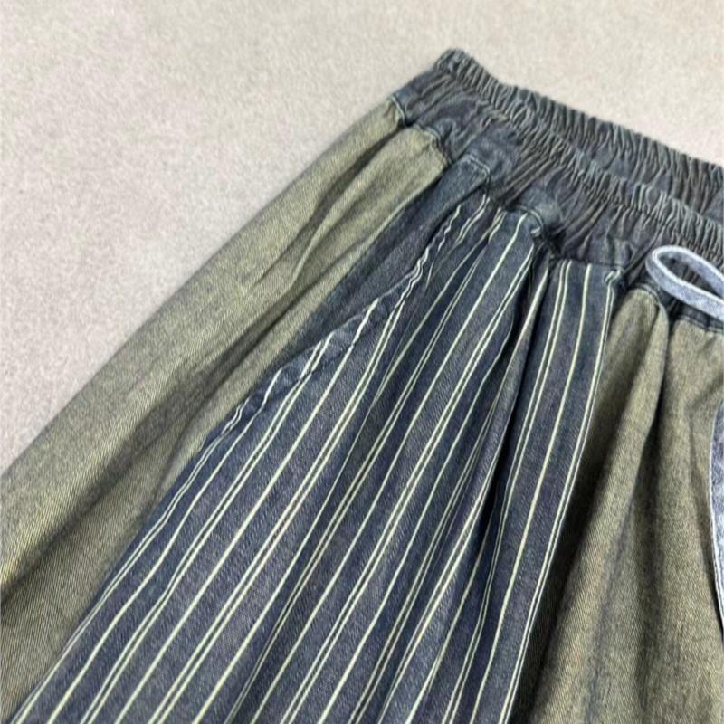 Johnature Autumn Patchwork Wide-leg Pants Loose Casual Drawstring Elastic Waist Retro Nine-point Women Pants