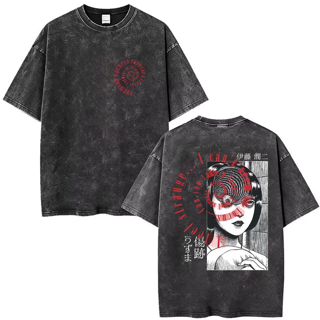 Japanese Horror Anime Tomie Junji Ito Vintage Washed Graphic t shirt Men Women harajuku Fashion short sleeve t-shirts streetwear