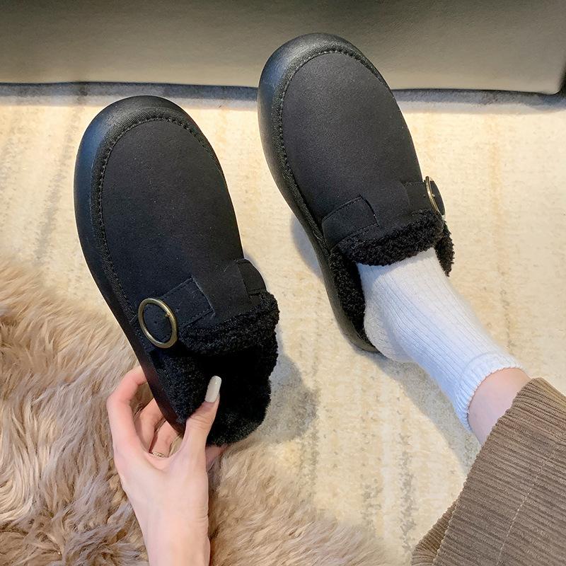 Autumn and Winter New Muffin Thick-soled Bag Head Half-drag Fluffy Shoes Women's Fashion Belt Buckle Outer Wear Cotton Slippers