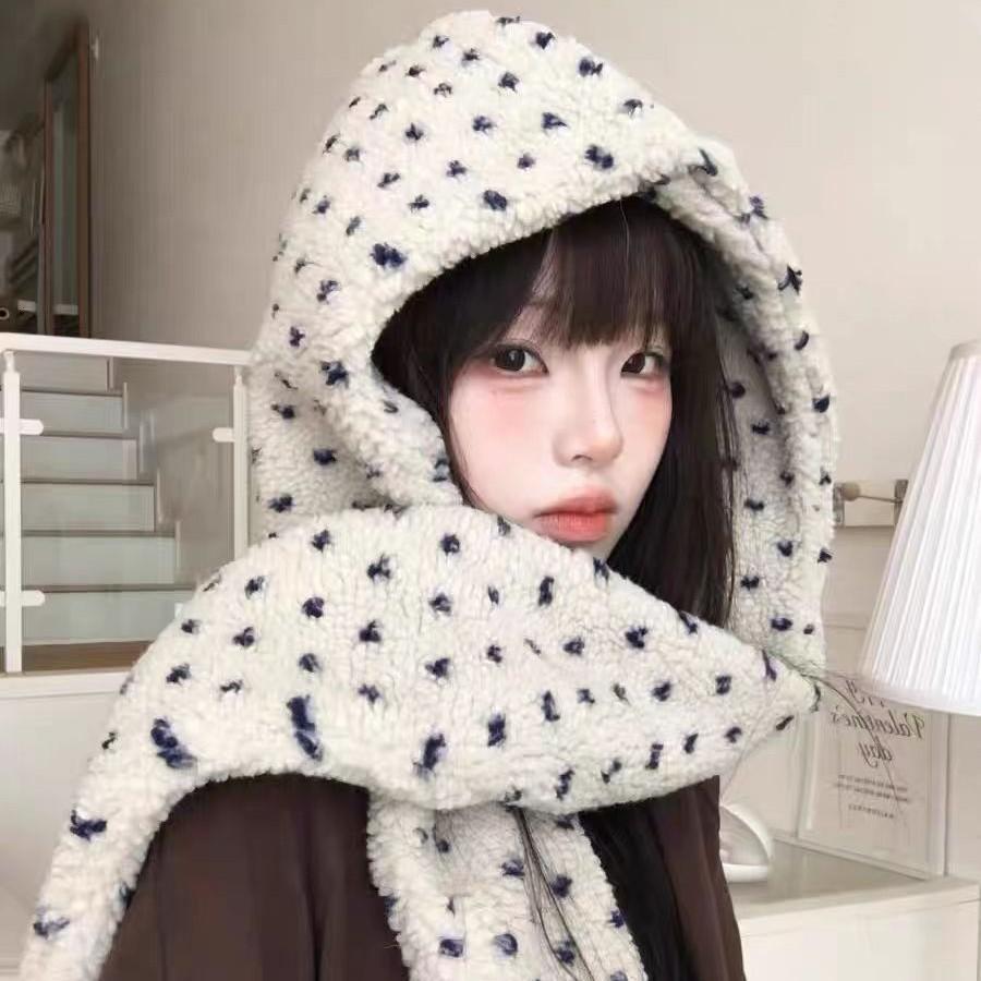 Korean Atmosphere Hat and Scarf Integrated Women's Autumn and Winter Thickened Warm Plush Hooded Scarf Two-piece Set Windproof and Cold-proof