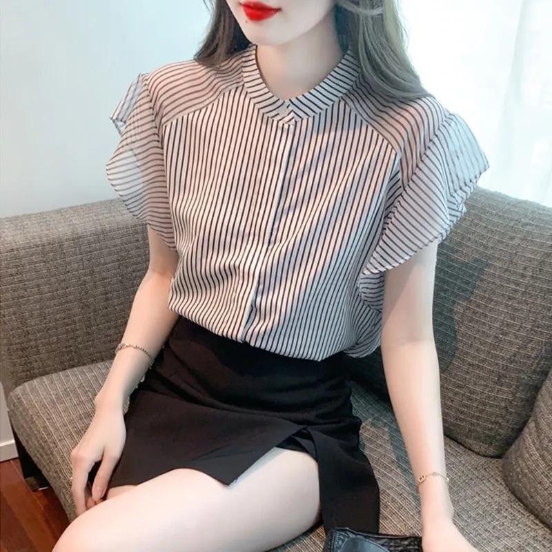 Women Stand Collar Striped Blouse With Ruffled Chiffon Sleeves S