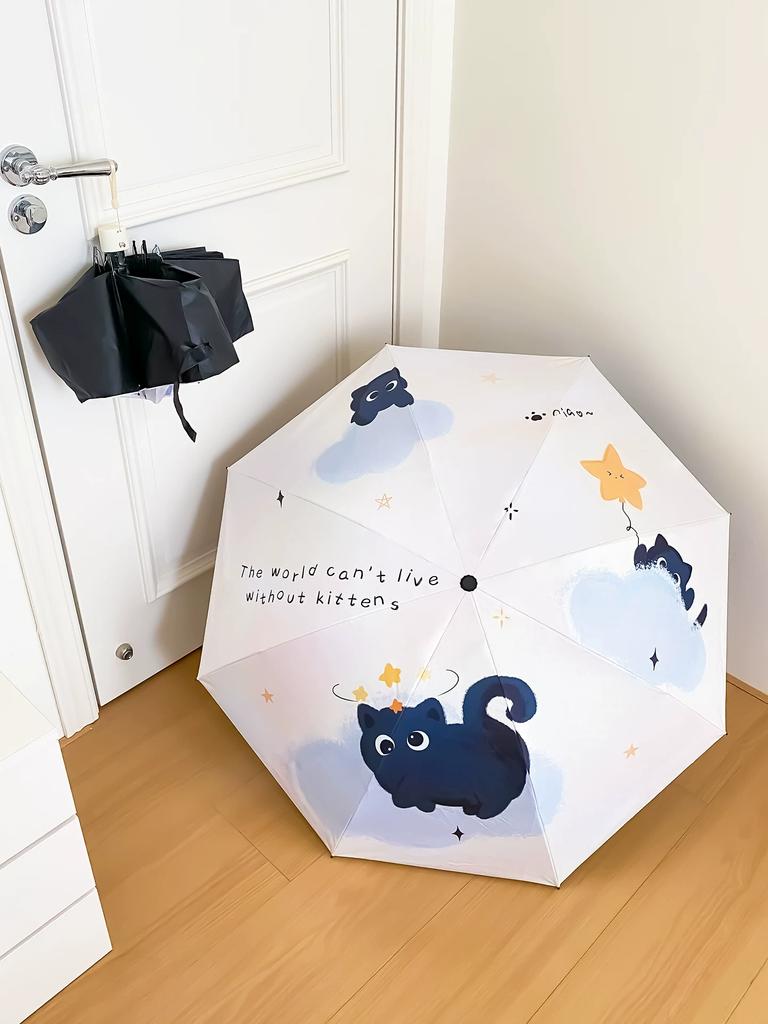 Small Black Cat Umbrella Men and Women Rain Or Shine Dual-Use Folding Sun Protection UV Protection Sun Umbrella Cute Student Children