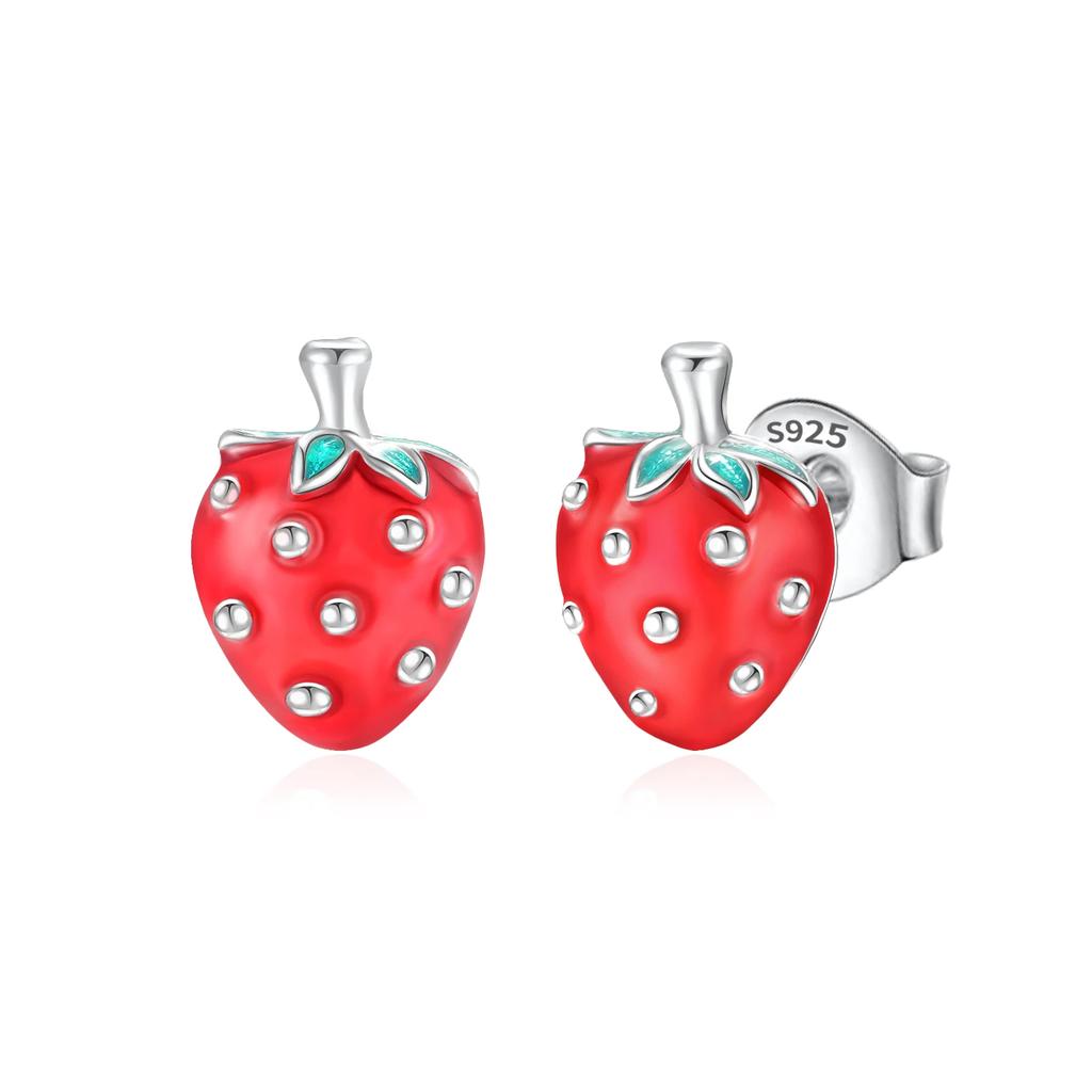 Original Earrings 925 Silver Fruit Series Cherry Strawberry Hoop Earrings Ear Studs Zircon Making Jewelry for Women Girl Party