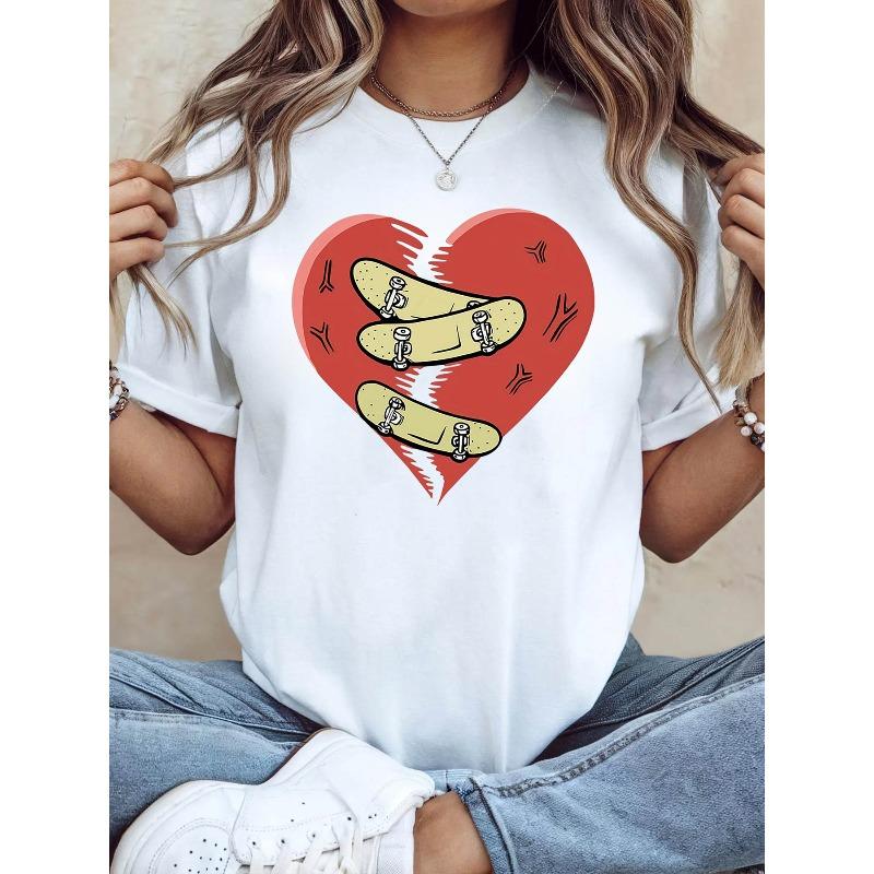 

Broken Heart Skateboard Graphic Print Women s Spring - Summer Short - Sleeve Crew - Neck Casual T - Shirt, Daily Styling, Daily Outing, Holiday Gift S белый